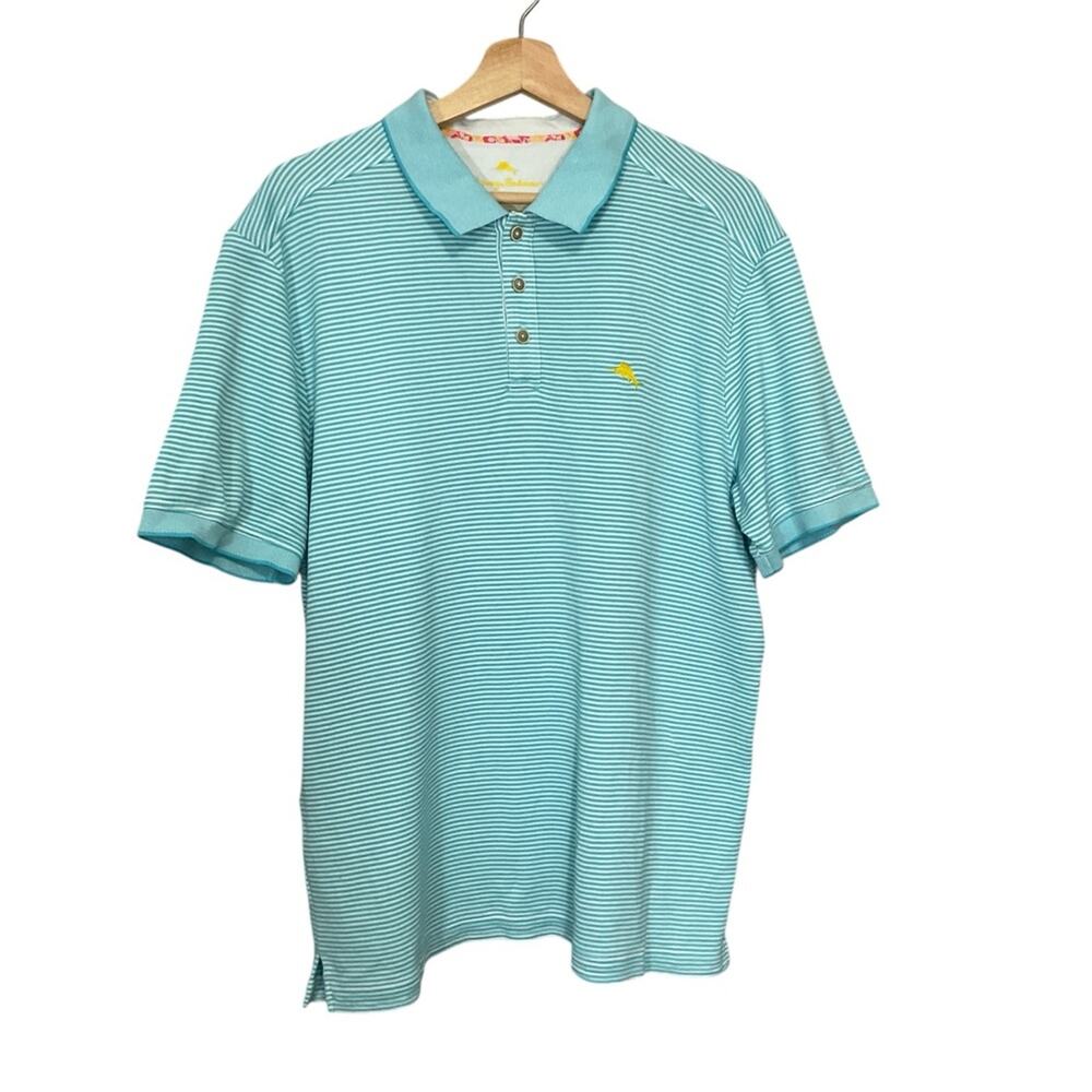 MEN'S TOMMY BAHAMA STRIPED POLO SHIRT Button LOGO Size Large